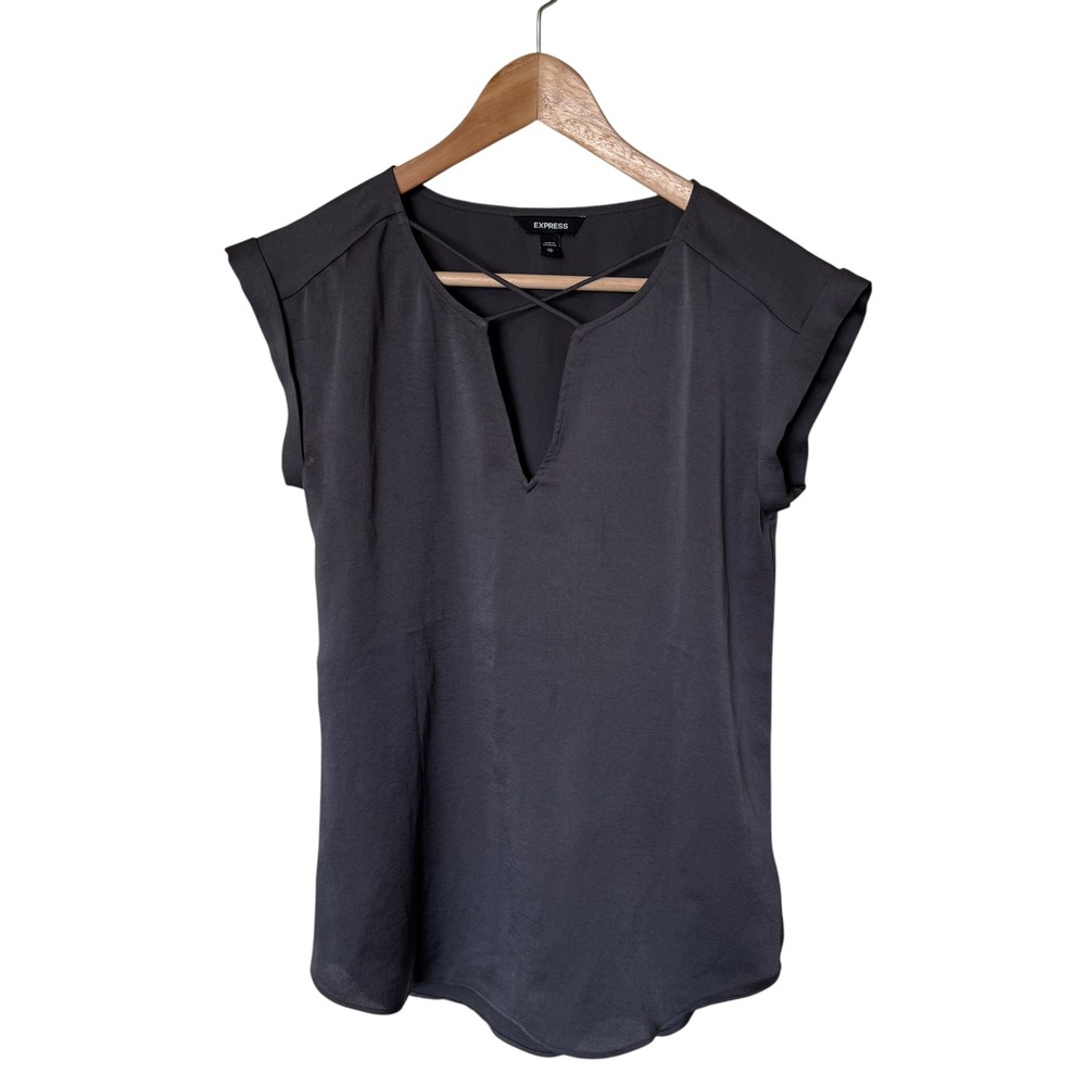 Express Blouse Women XS Gray Good Strappy V-Neck Cuffed Cap Sleeve Top